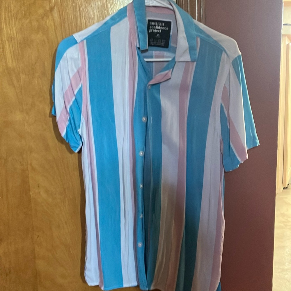 Fruit of the Loom Casual Blue and Pink Button Down Shirt
